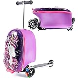 KIDDIETOTES 3-D Hardshell Ride On Suitcase Scooter for Kids - Cute Lightweight Kids Luggage with Wheels - Fun LED Lights